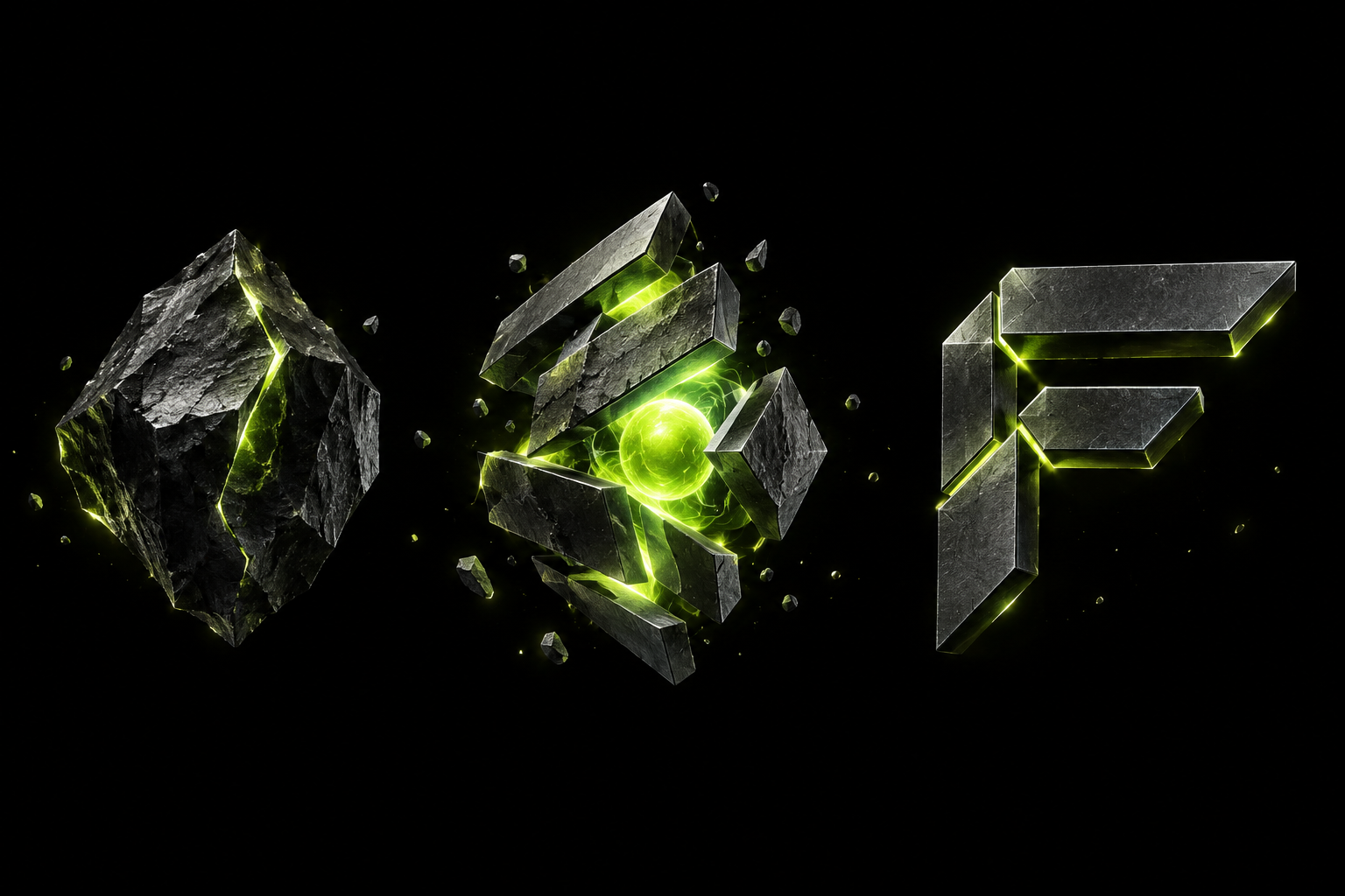 Raw titanium opens around a lime energy core, then becomes the FORGE F